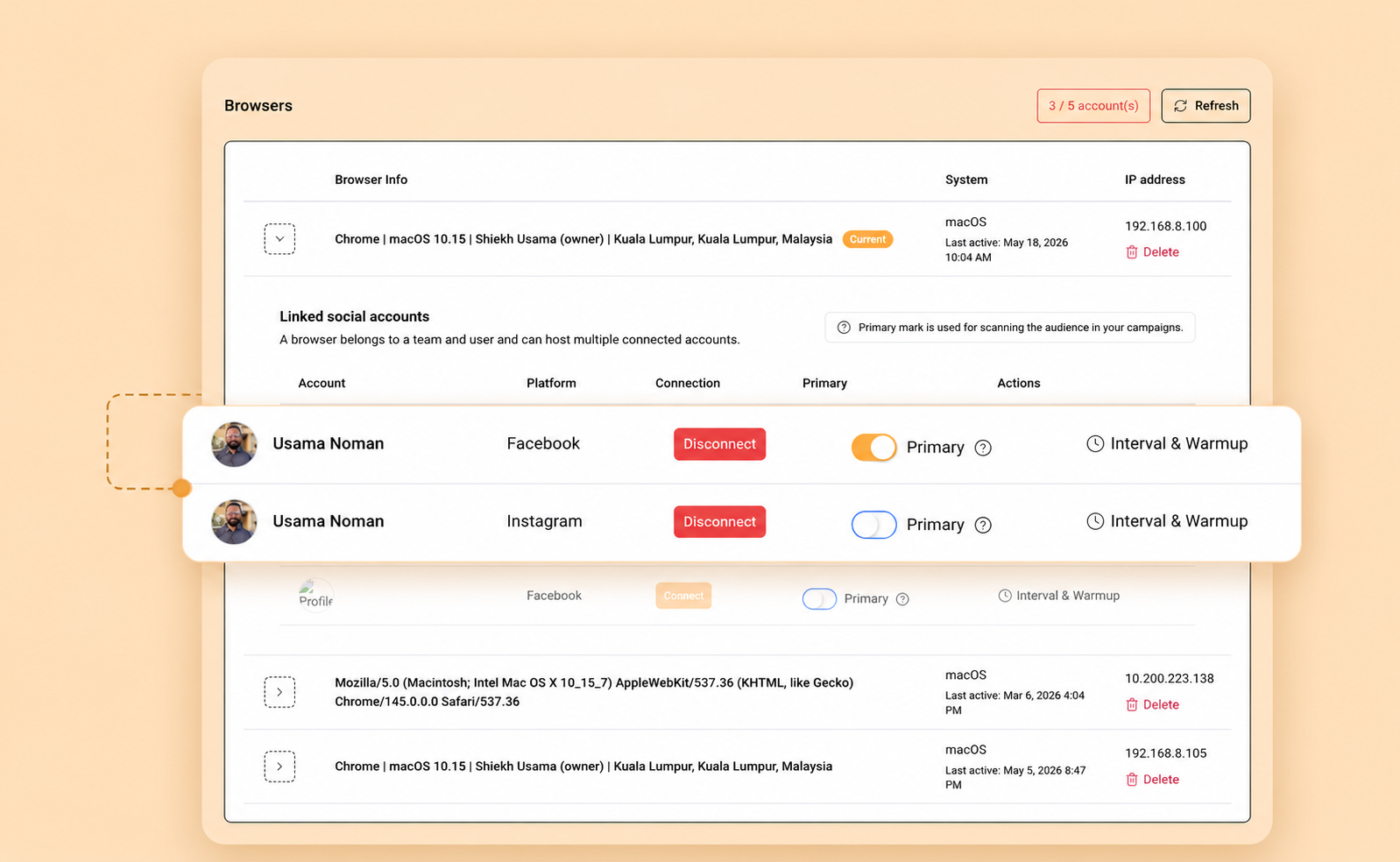 ReachOwl browser extension running Facebook and Instagram automation locally in your own browser session.