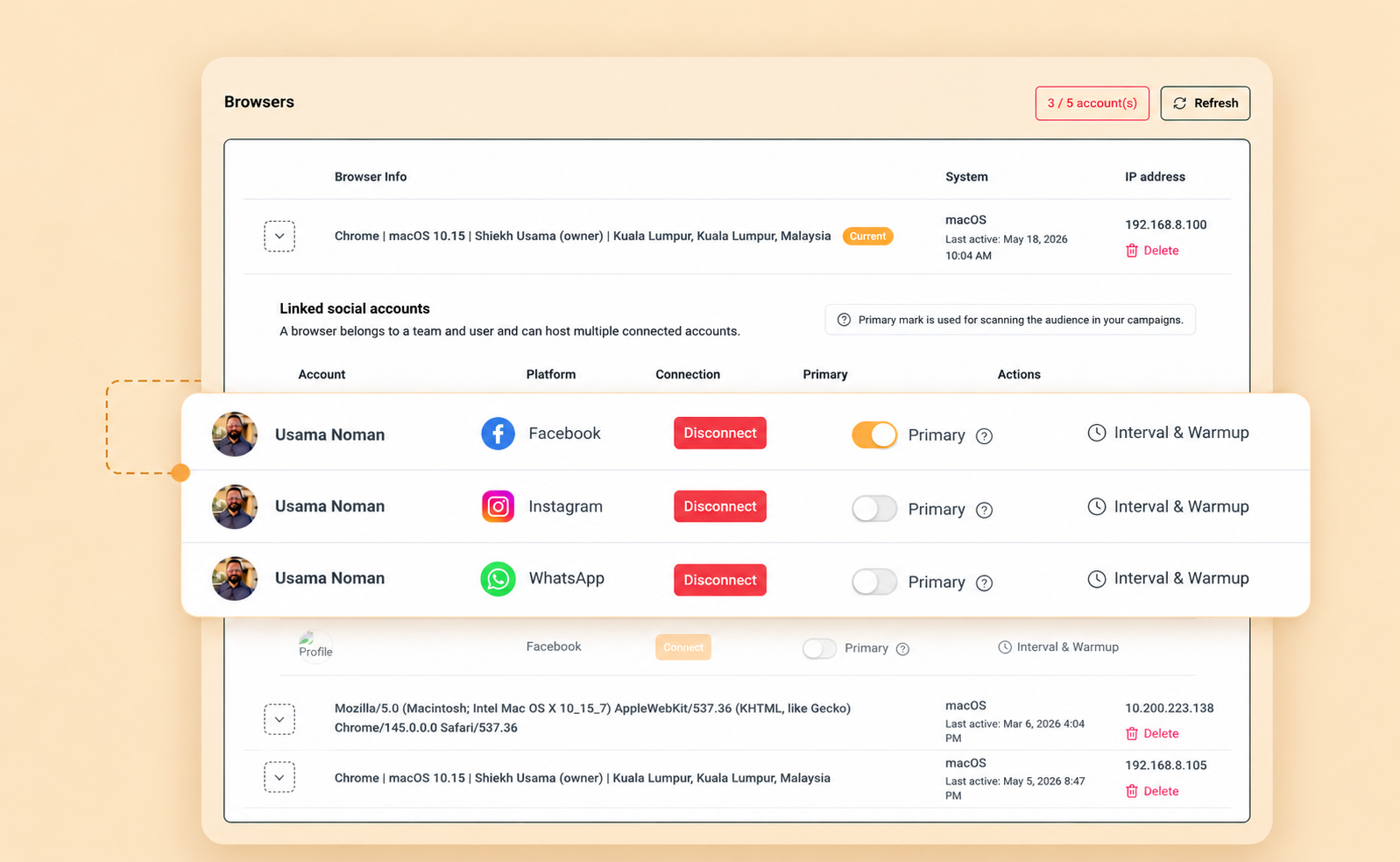 ReachOwl browser extension running Facebook, Instagram, and WhatsApp messaging automation locally in your own browser session.