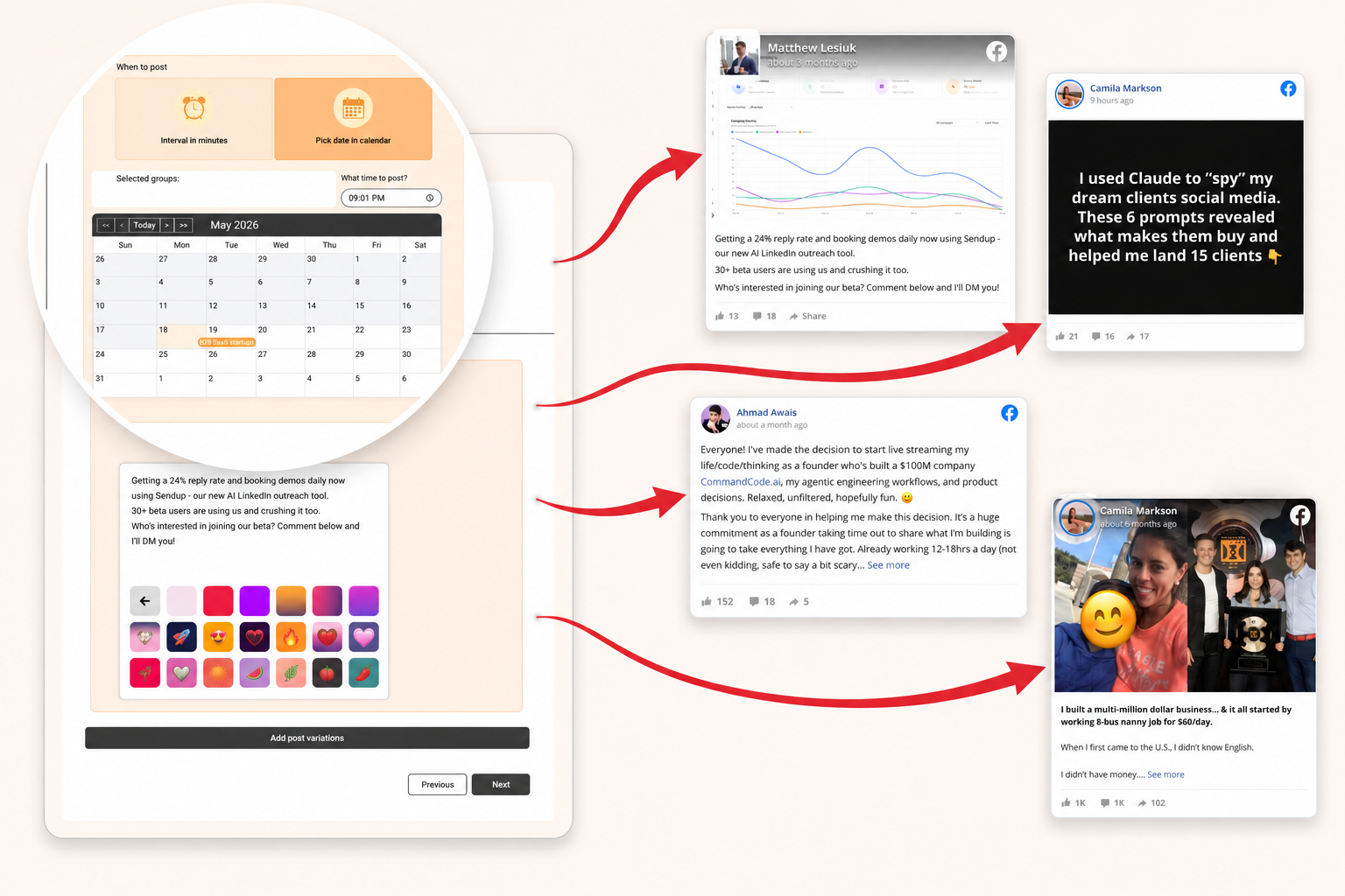 ReachOwl Facebook post scheduler: create posts, pick groups, set timing, and monitor delivery.