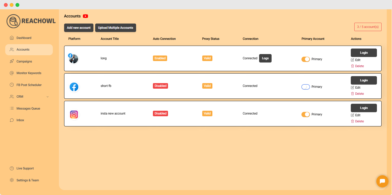 Connect multiple accounts with reachowl