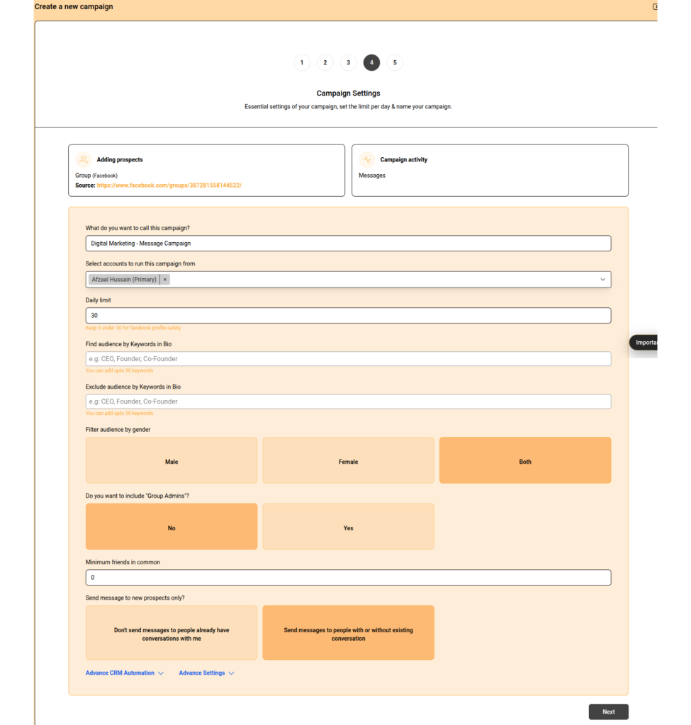 Facebook and Instagram Automation Software Campaign Builder