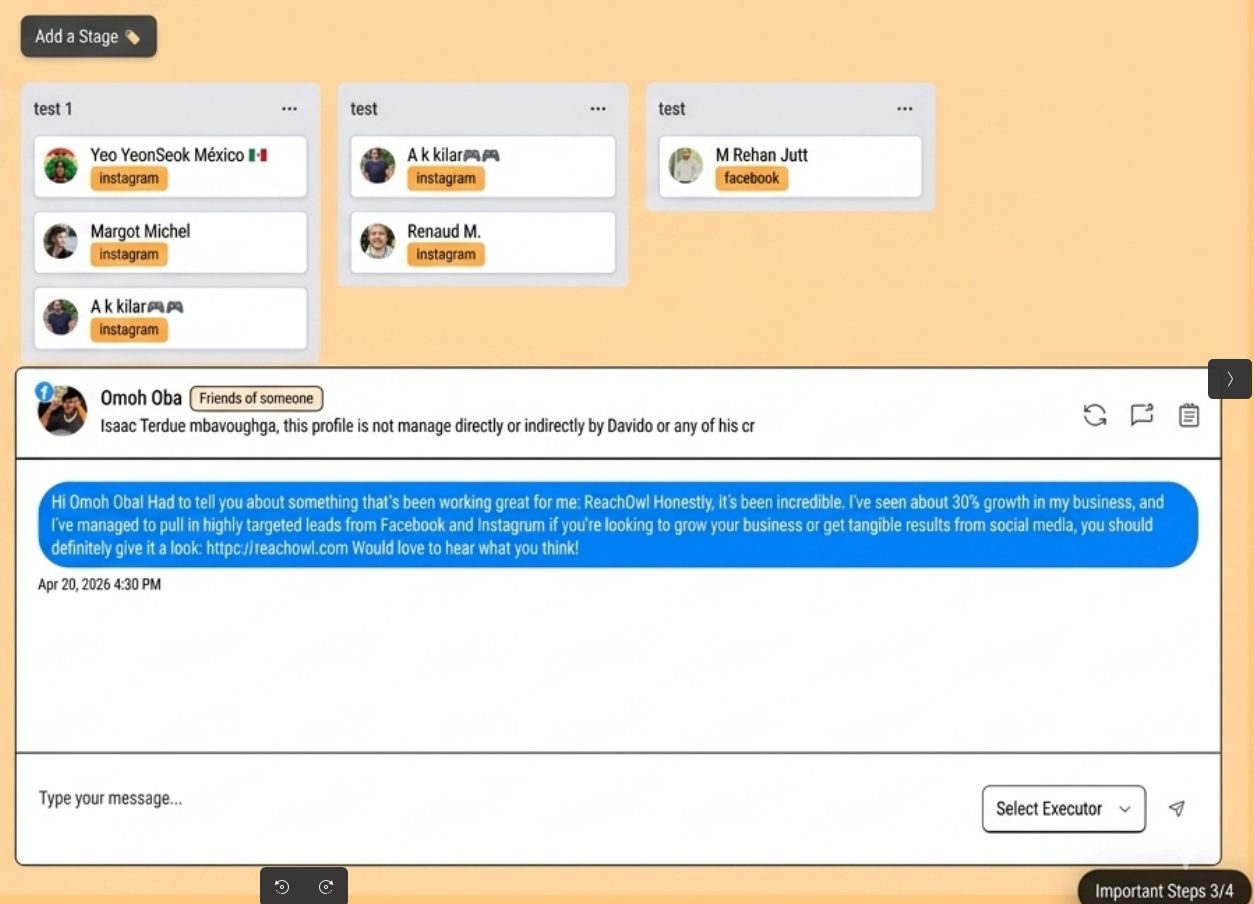 Inbox view with lead cards, message threads, and action history.