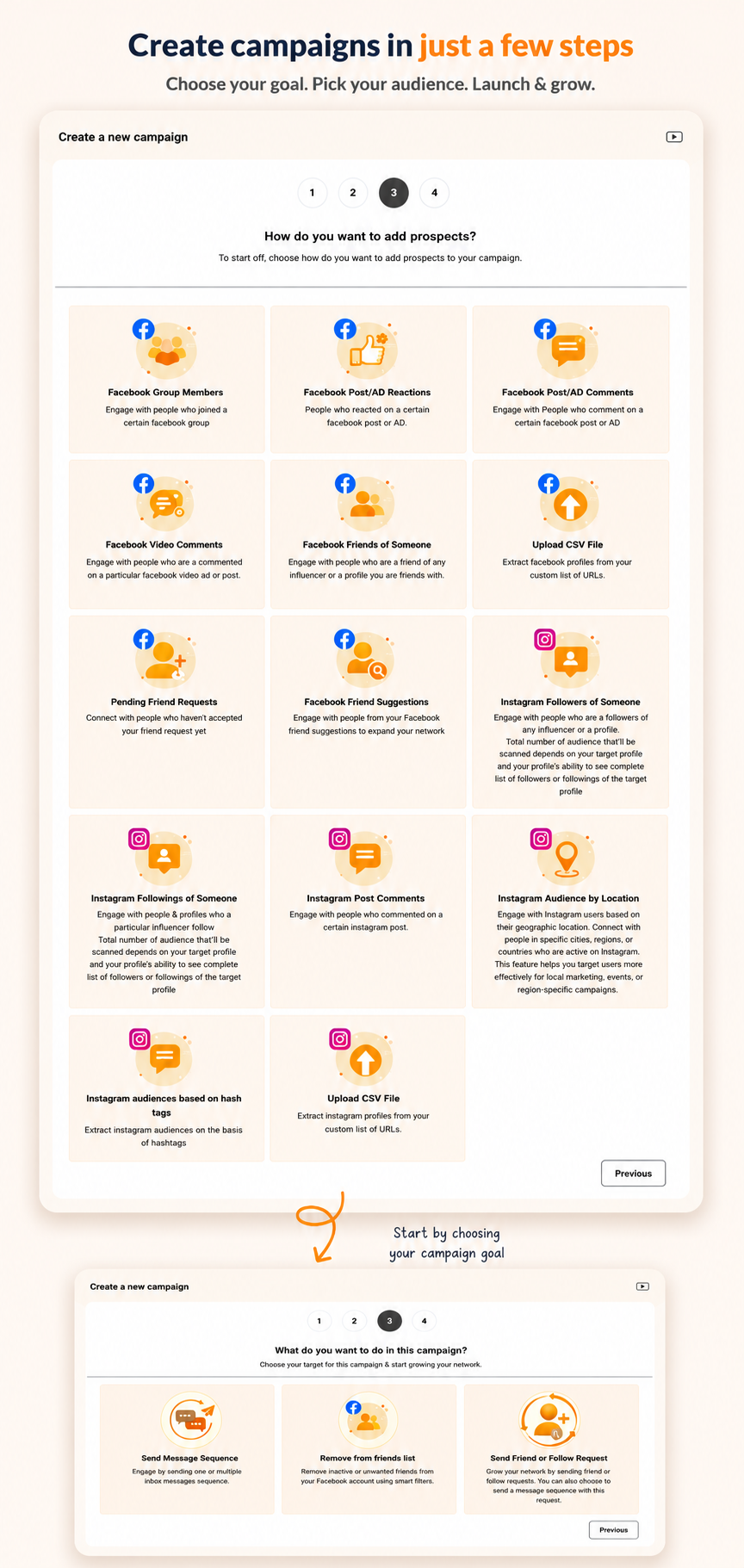 ReachOwl dashboard: campaign totals, Facebook and Instagram message analytics with reply rates, and queued outreach.