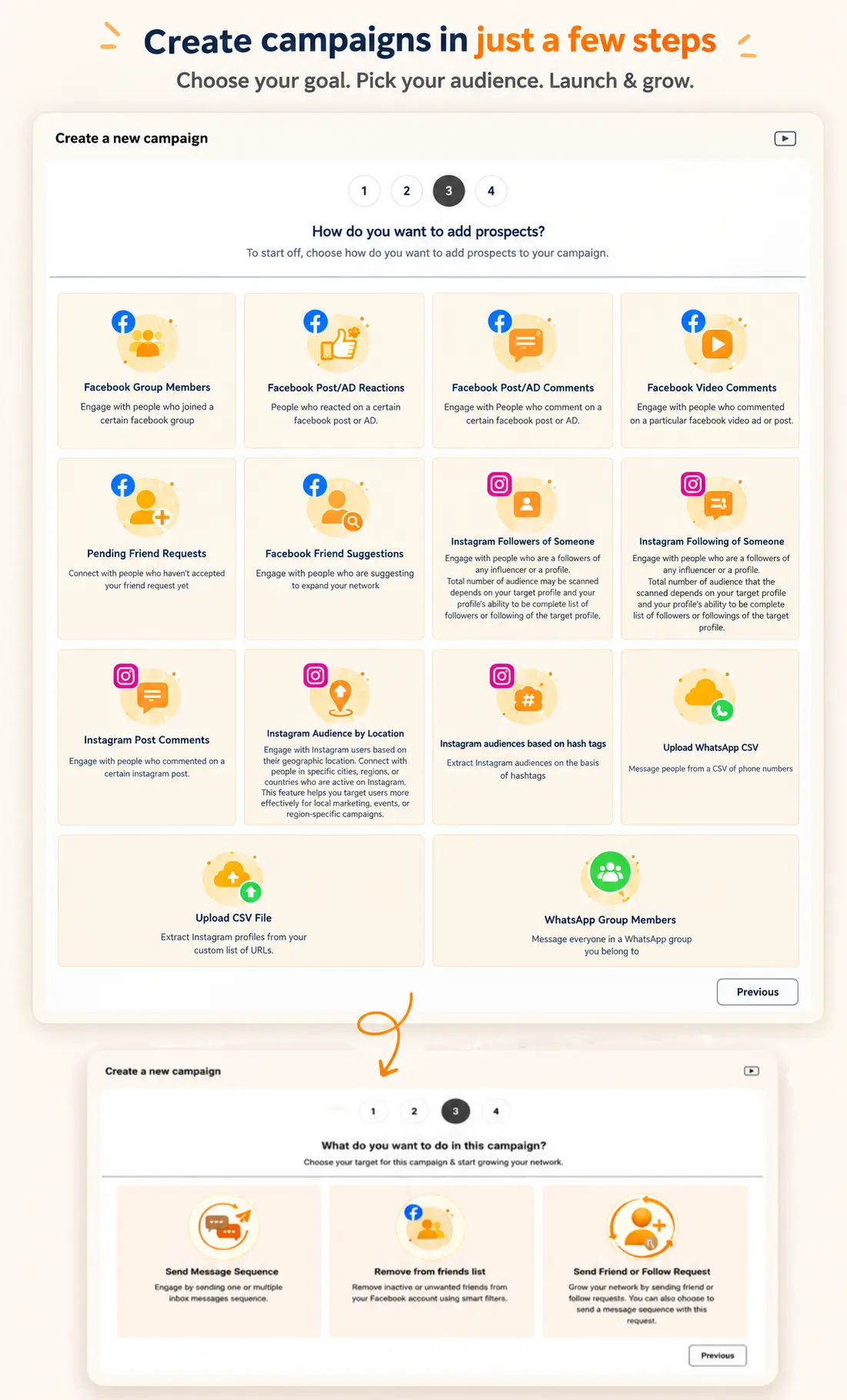 ReachOwl dashboard: campaign totals, Facebook, Instagram, and WhatsApp messaging analytics with reply rates, and queued outreach.