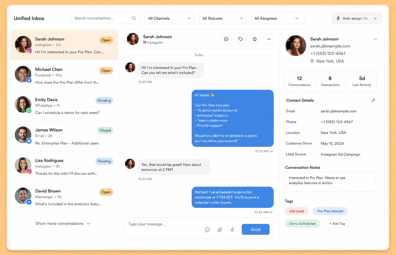 Inbox view with lead cards, message threads, and action history.
